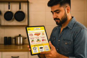 Ordering groceries online in Dwarka Sector 3 Delhi with fast delivery apps.