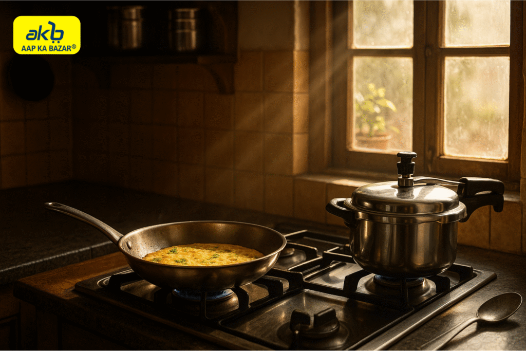 stainless steel fry pan and pressure cookers in Indian kitchen