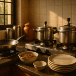stainless steel fry pan, pressure cookers, affordable dinnerware in Indian kitchen
