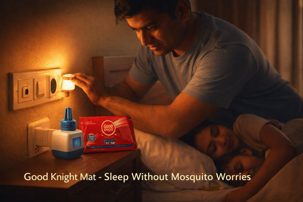 An image of a husband switching off the lights while good knight mats are turned on