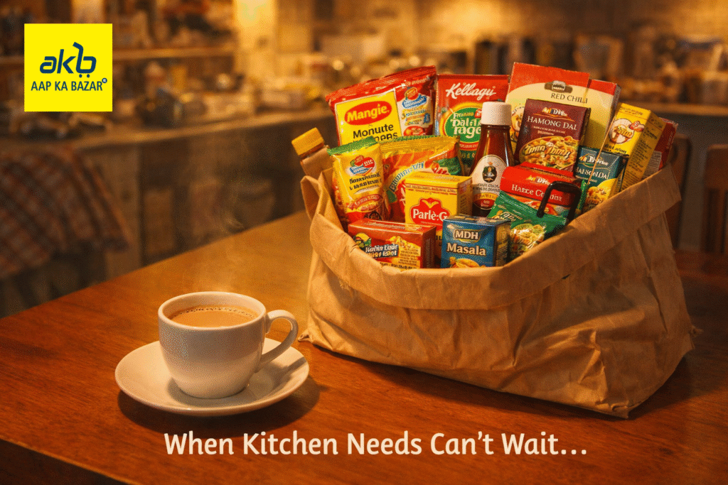 Open Aapkabazar grocery bag with noodles, sauces, biscuits, and spices during evening rush, representing a convenient Grocery Store Dwarka.