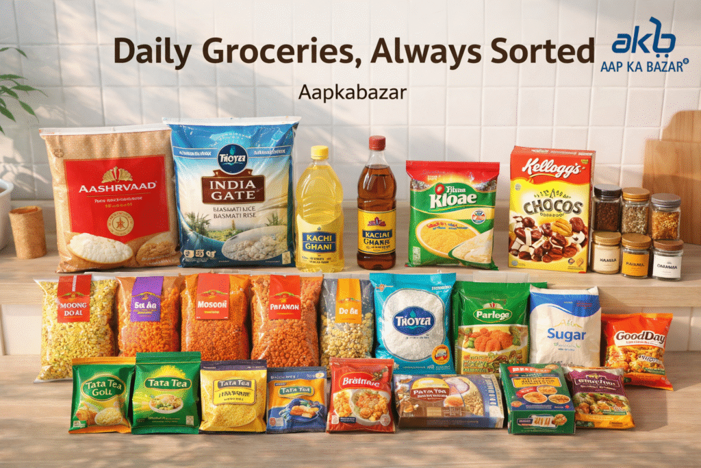 Neatly arranged packaged groceries on a kitchen counter, highlighting a reliable Grocery Store Dwarka for daily shopping needs.