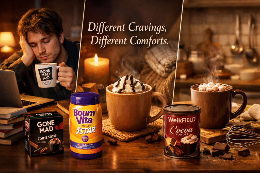 Gone Mad Coffee Sticks Bournvita 5 Star Weikfield Cocoa Powder Not Sure Which One to Pick for Your Mood