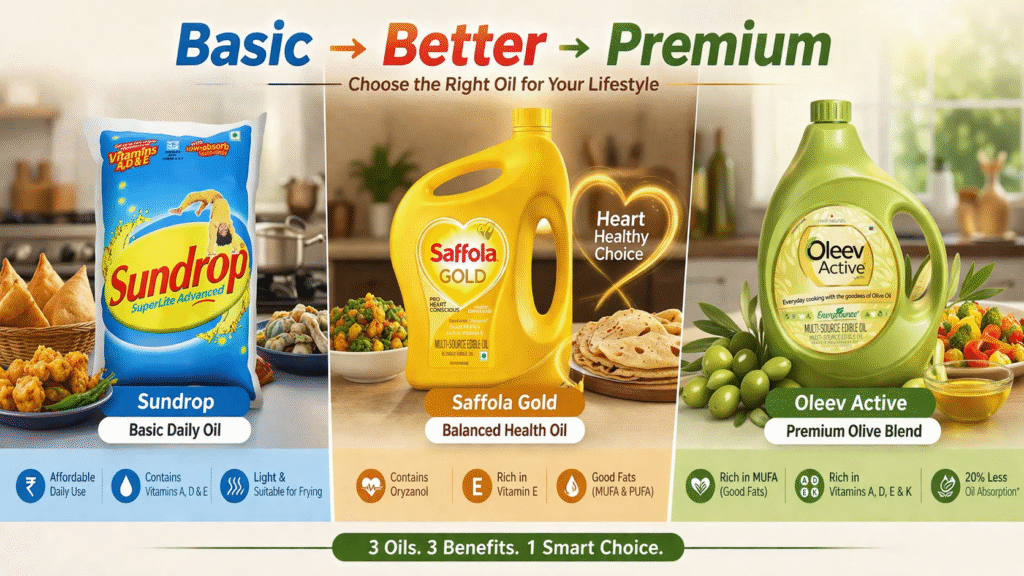 Sundrop vs Saffola Gold vs Oleev Active