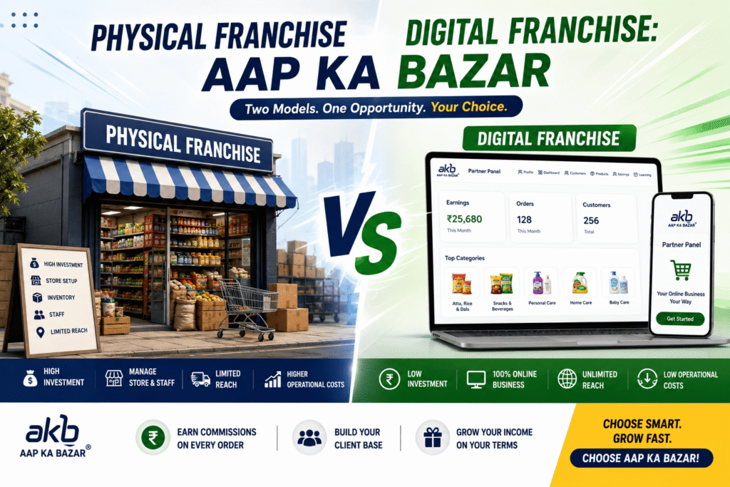 **Alt text:** Split-screen banner comparing a physical franchise store with a digital franchise model by Aap Ka Bazar, highlighting high investment and limited reach on the left versus low investment, online business, and unlimited growth on the right.