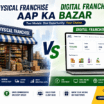 **Alt text:** Split-screen banner comparing a physical franchise store with a digital franchise model by Aap Ka Bazar, highlighting high investment and limited reach on the left versus low investment, online business, and unlimited growth on the right.