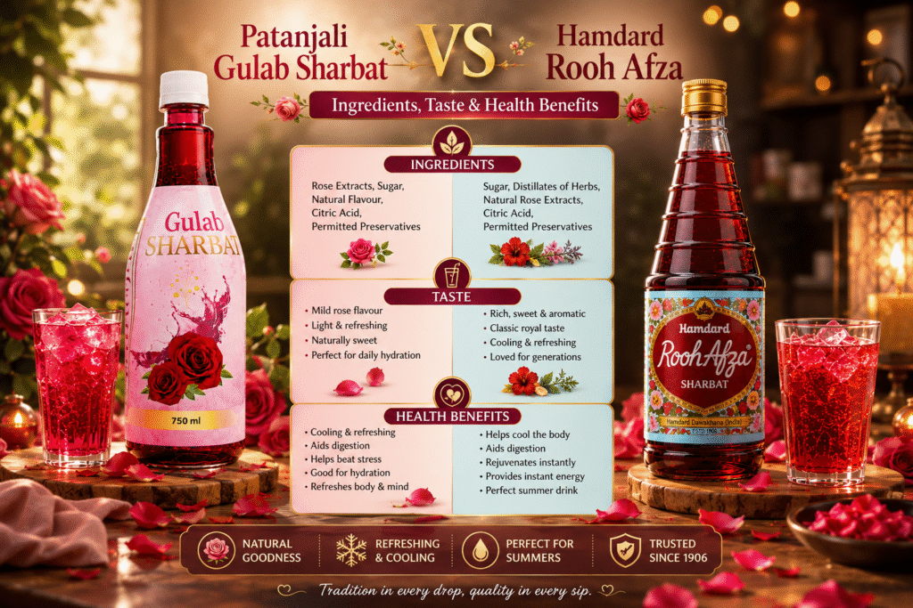 Patanjali Gulab Sharbat vs Hamdard Rooh Afza summer drink comparison
