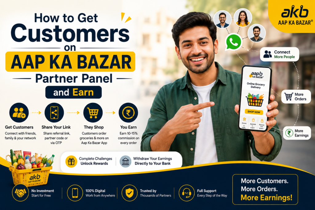Aap Ka Bazar Partner Panel banner showing a man holding a grocery app, explaining how to get customers, share referral links, and earn commission online without investment.