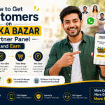 Aap Ka Bazar Partner Panel banner showing a man holding a grocery app, explaining how to get customers, share referral links, and earn commission online without investment.