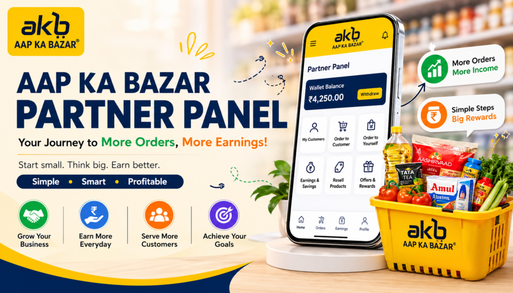 AAP KA BAZAR Partner Panel featured image showing a smartphone dashboard, grocery basket, and benefits of growing an online grocery business.