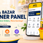 AAP KA BAZAR Partner Panel featured image showing a smartphone dashboard, grocery basket, and benefits of growing an online grocery business.