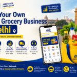 AAP KA BAZAR online grocery business in Delhi, featuring the AKB app, branded grocery bag, products, India Gate, and benefits like no investment, high commission, managed delivery, and dedicated support.