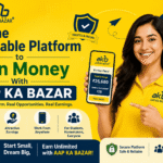 AAP KA BAZAR online earning platform featuring a partner holding a smartphone with earnings details, highlighting trusted, secure, flexible earning opportunities and daily-need products.