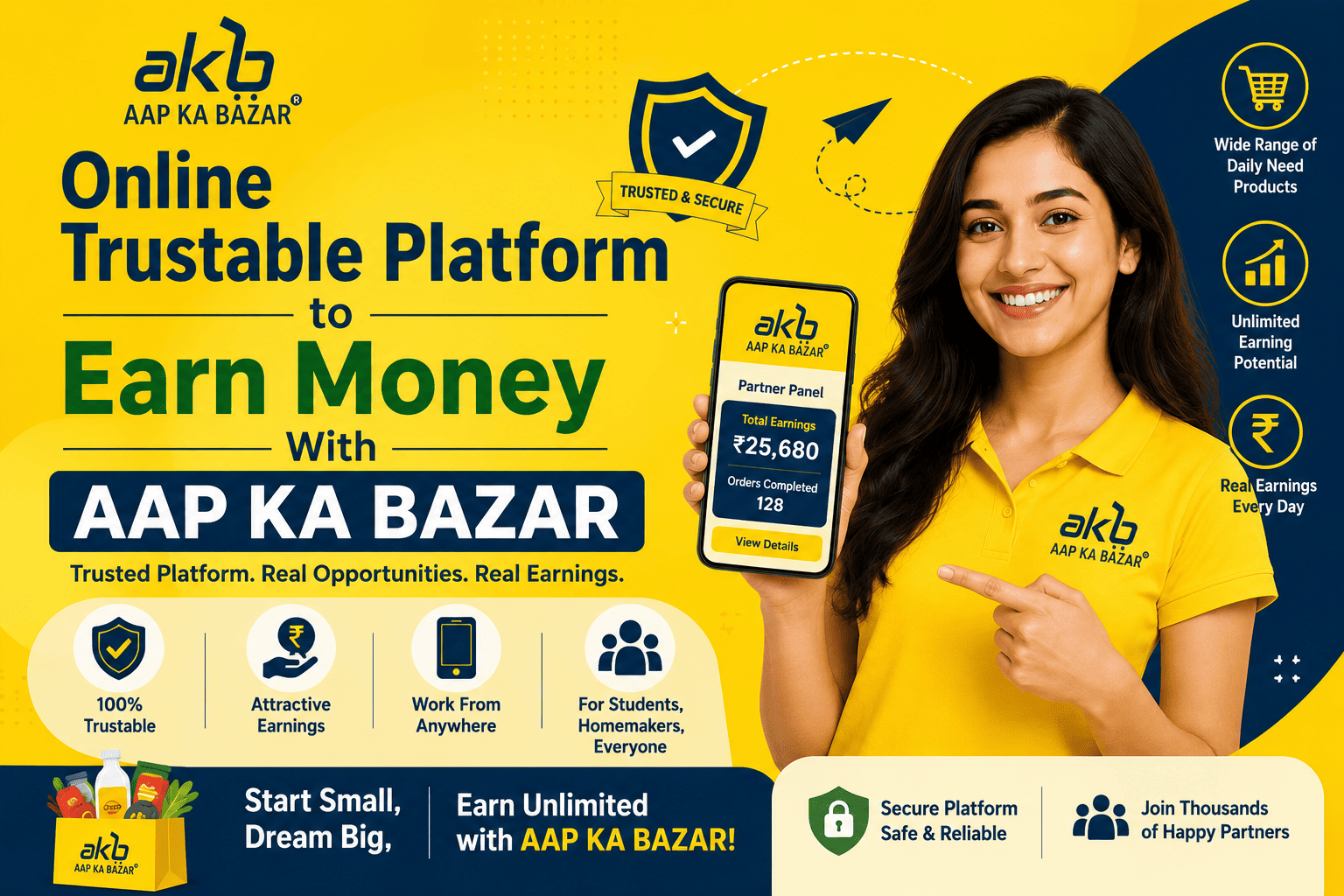 AAP KA BAZAR online earning platform featuring a partner holding a smartphone with earnings details, highlighting trusted, secure, flexible earning opportunities and daily-need products.