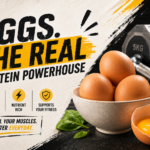 Eggs with nutrition facts showing protein, calories, and fiber content