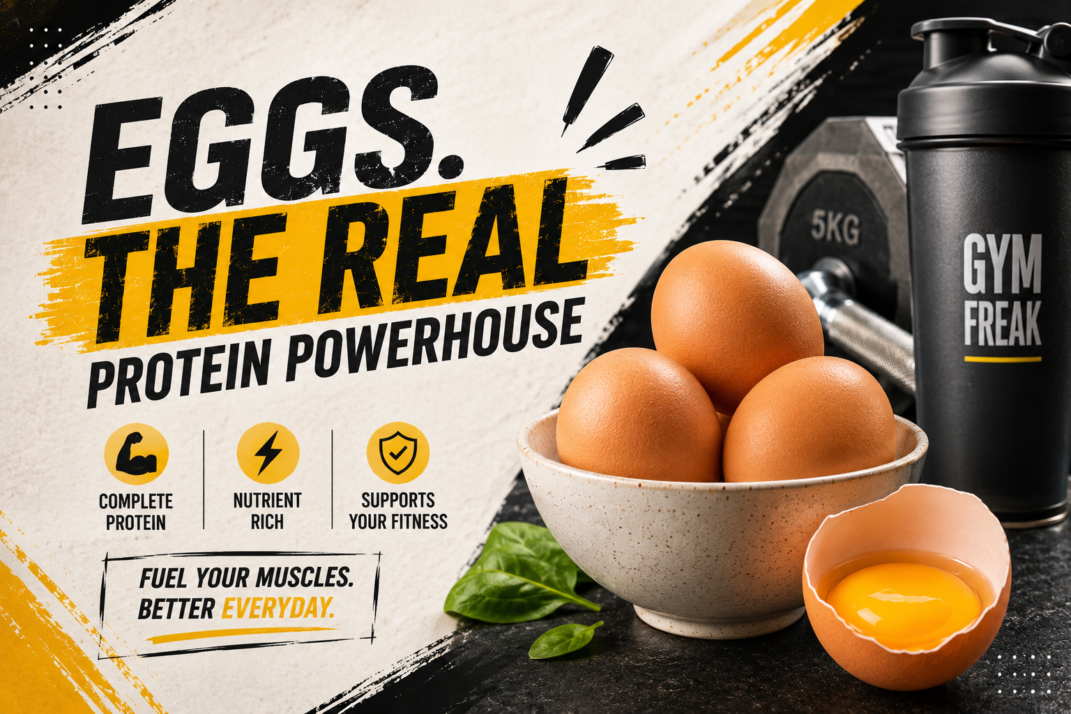 Eggs with nutrition facts showing protein, calories, and fiber content
