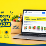 AAP KA BAZAR online grocery franchise banner featuring a laptop and smartphone displaying the Partner Panel interface
