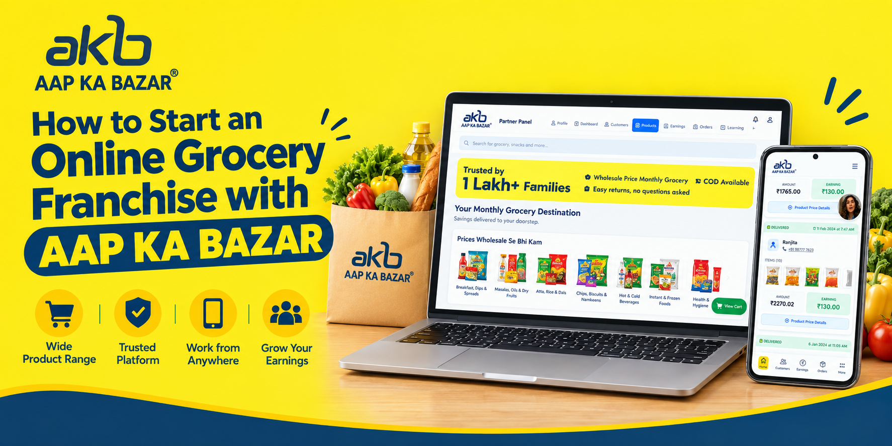 AAP KA BAZAR online grocery franchise banner featuring a laptop and smartphone displaying the Partner Panel interface