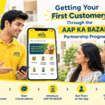 AAP KA BAZAR partnership program guide showing how to get first customers through customer outreach, app registration, and grocery orders