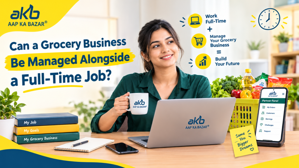AAP KA BAZAR Partner Panel featured image showing a professional managing a grocery business alongside a full-time job using a laptop and mobile phone.