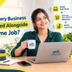 AAP KA BAZAR Partner Panel featured image showing a professional managing a grocery business alongside a full-time job using a laptop and mobile phone.